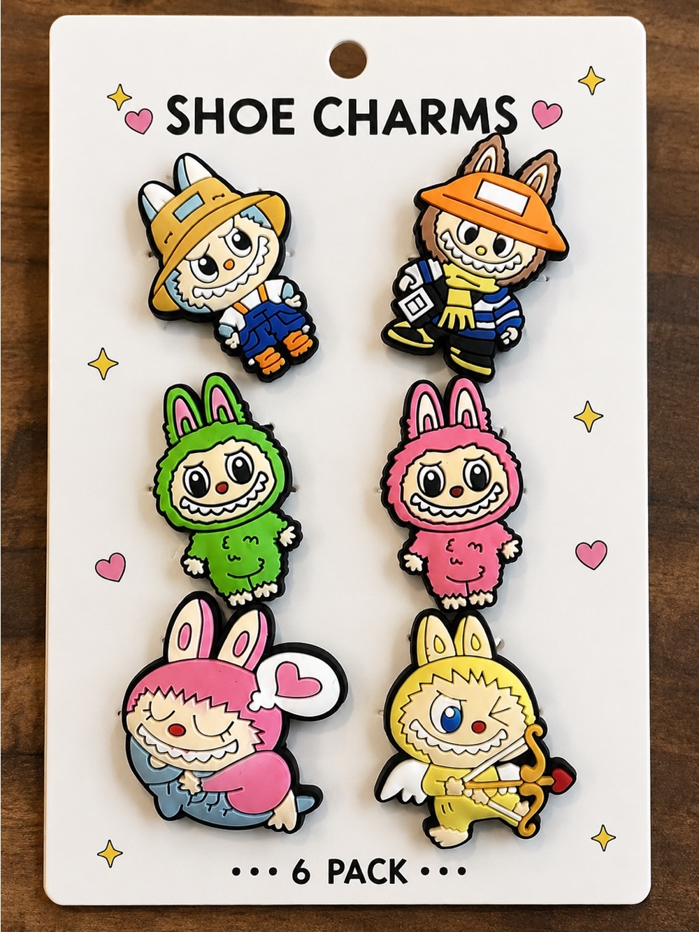 Labubu Character Croc Shoe Charms Set — Green, Pink, Yellow, Orange
